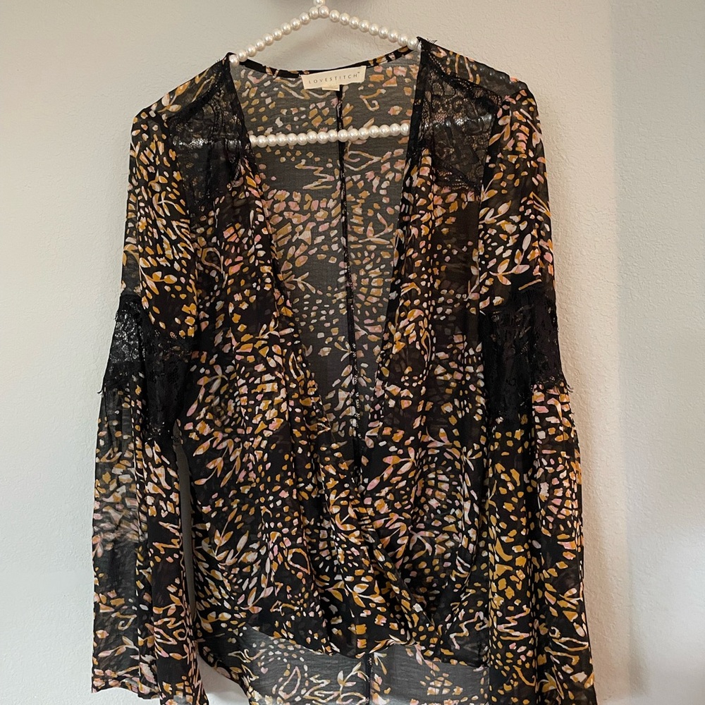 Lovestitch Black (multicolored) Sheer Long Sleeve Blouse - Medium